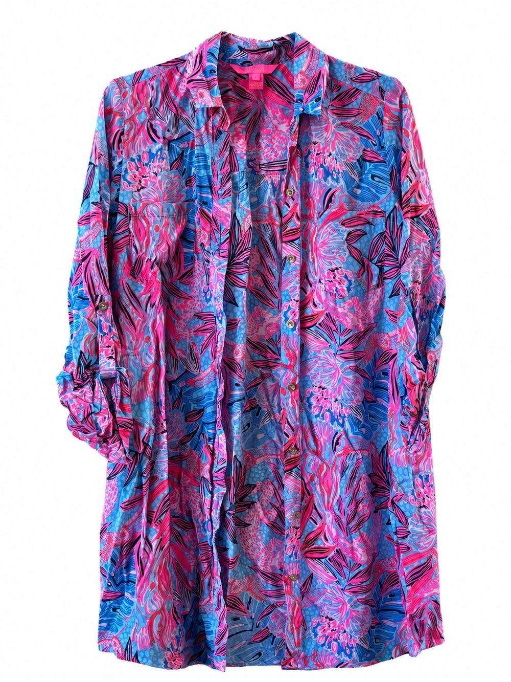 Lilly Pulitzer Pink & Blue Floral Button-Front Long Sleeve Dress